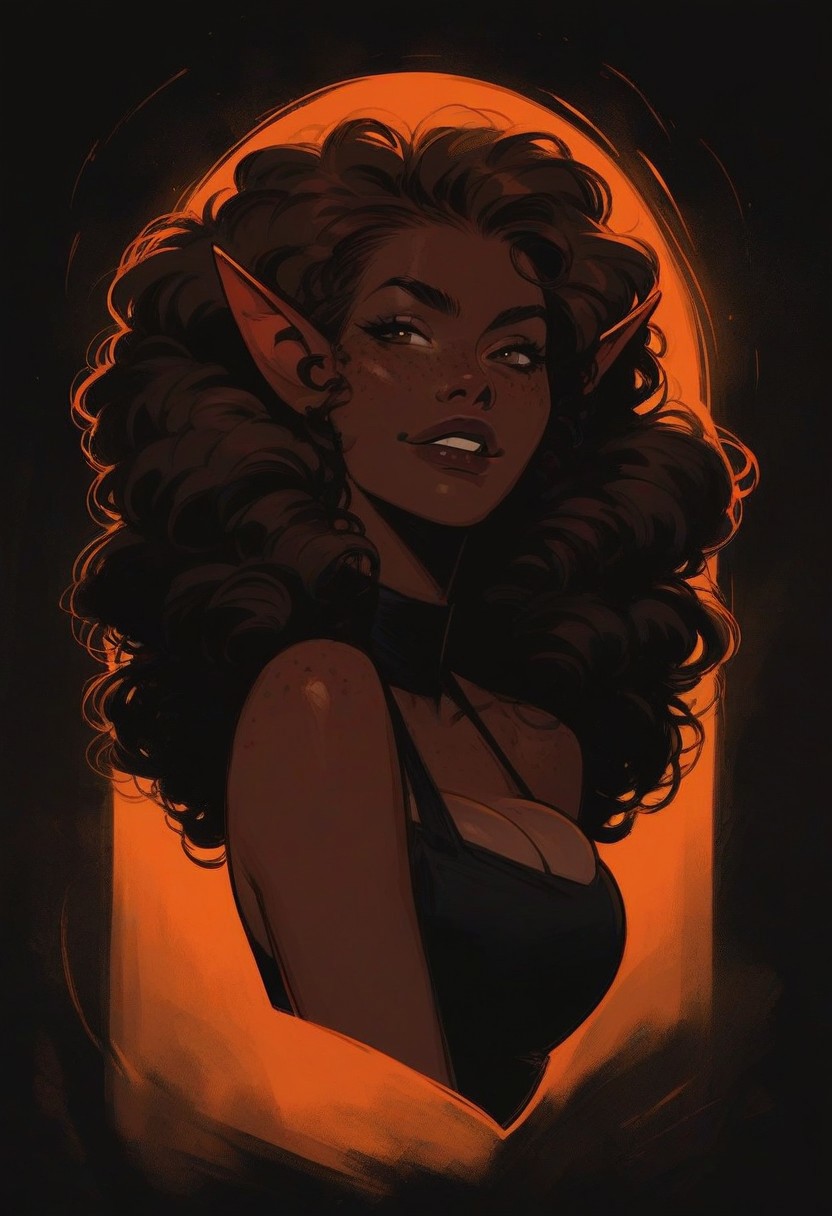 score_9, score_8_up, score_7_up, solo, brown hair,  (big lips:0.8), smirk, freckles, skinny, dark skin, dark lips, medium breasts, dark background, elf, cute, clothed,  curly hair, full body, big hair, thin, bursting breasts