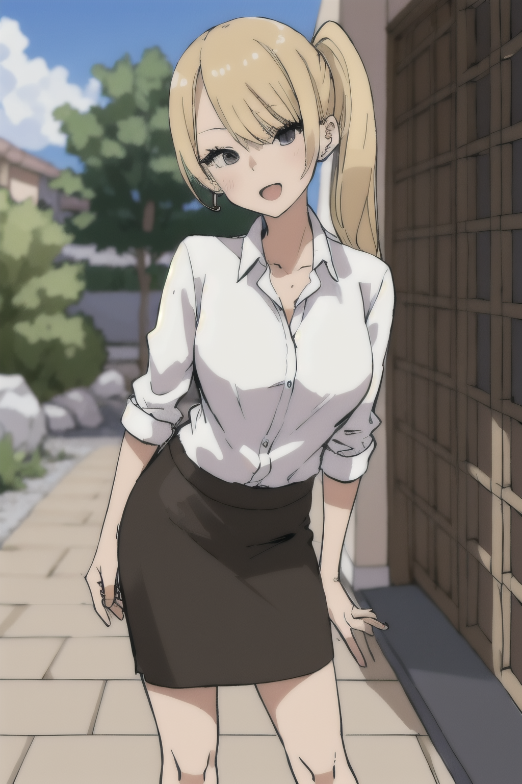Koreans 53 years old woman Blonde High Ponytail, in the Patio, Standing with one arm extended forward, Pencil skirt with a blazer, EdobSouichirouYamamotoArtStyle  <lora:EdobSouichirouYamamotoArtStyle_v1.0:0.8>