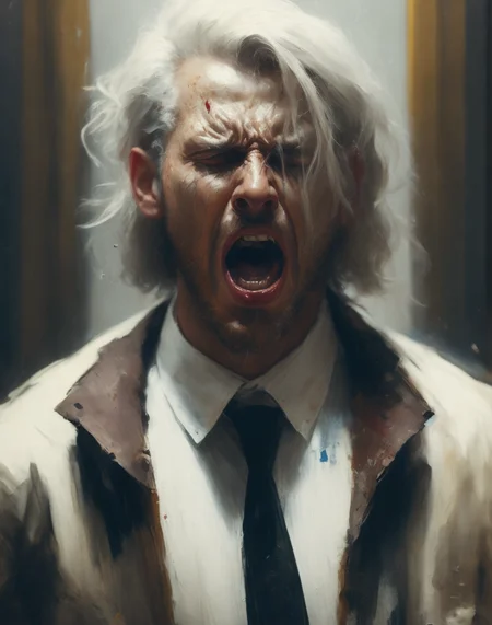 there is a man screaming, a painting of a character in a court room environment, a character portrait, artstation hd, detailed painting, photo taken with provia, kodak portra, film grain, featured on unsplash, film grain, cinematic view, photo taken with provia