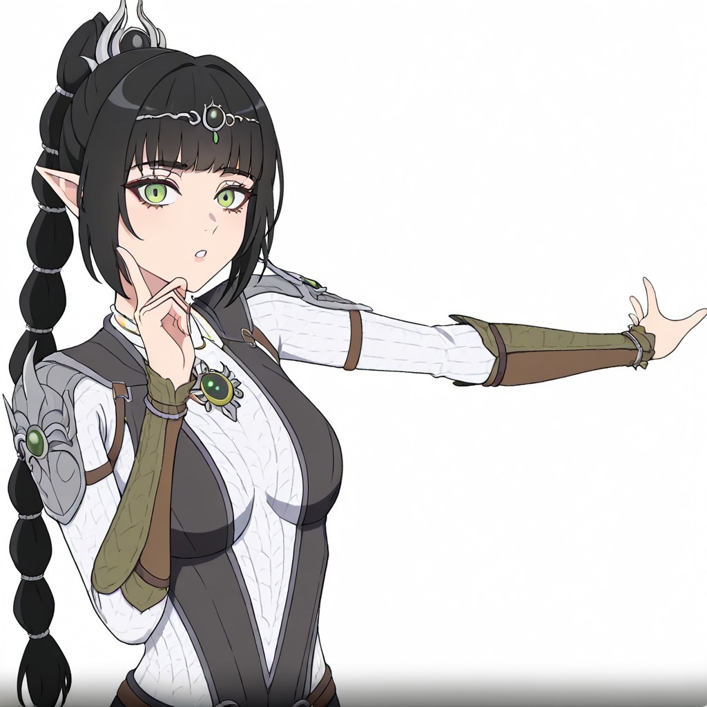 masterpiece, best quality, newest, absurdres, highres, anime, anime style, ONKDDV1.0, dance, finger to cheek, hoshino ruby dance, outstreched arm, pointing at self,
1girl, shadowheart \(baldur's gate\), long braid, elf, pointy ears, black hair, braid, side bangs, green eyes,