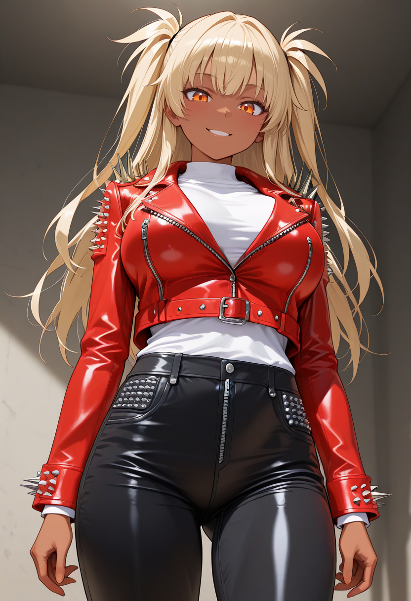 masterpiece,best quality,amazing quality, very aesthetic, ((outlined outlined vector graphics)), cute face, (glow eyes:0.5) ,  looking at viewer, cowboy shot, ,
1girl,20yo, (large breast:1.2), orange eyes, (blonde hair:1.3),long hair, (two side up:1.1), (dark skin:1.6), dark skin girl, (tall:1.2), (abs:0.7),bangs,cute face,
,solo,  from below ,  looking down ,
smile, happy,red jacket, parted lips,, leather jacket, spiked leather jacket, large spikes, black pants  , heavy metal,  white shirt,   standing ,  ,  , <lora:spiked-leather-jacket-il-01:1>