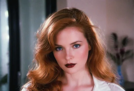 MiamiVice analog photo ginger woman indoors, blue eyes, glossy dark lipstick, ((soft focus, depth of field, film grain, masterpiece, looking at viewer)) <lora:MiamiVicev2-XL:0.4> <lora:EuroBabe-v4-XL:0.6>