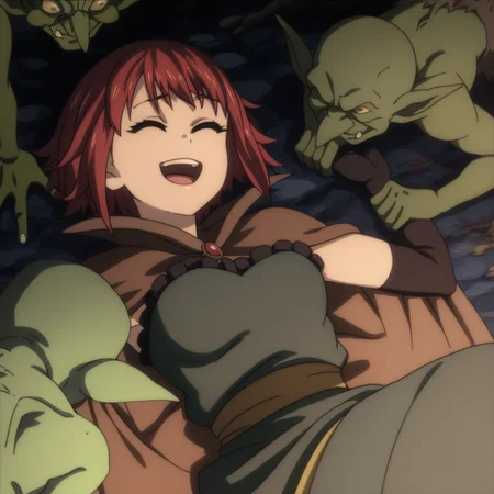 score_9,  score_8_up, score_7_up, <lora:wizard-gs-ponyxl-000014:1> gswz, short hair, cape, dress, green dress, elbow gloves
1girl, laughing, closed eyes, lying, goblin, held down
