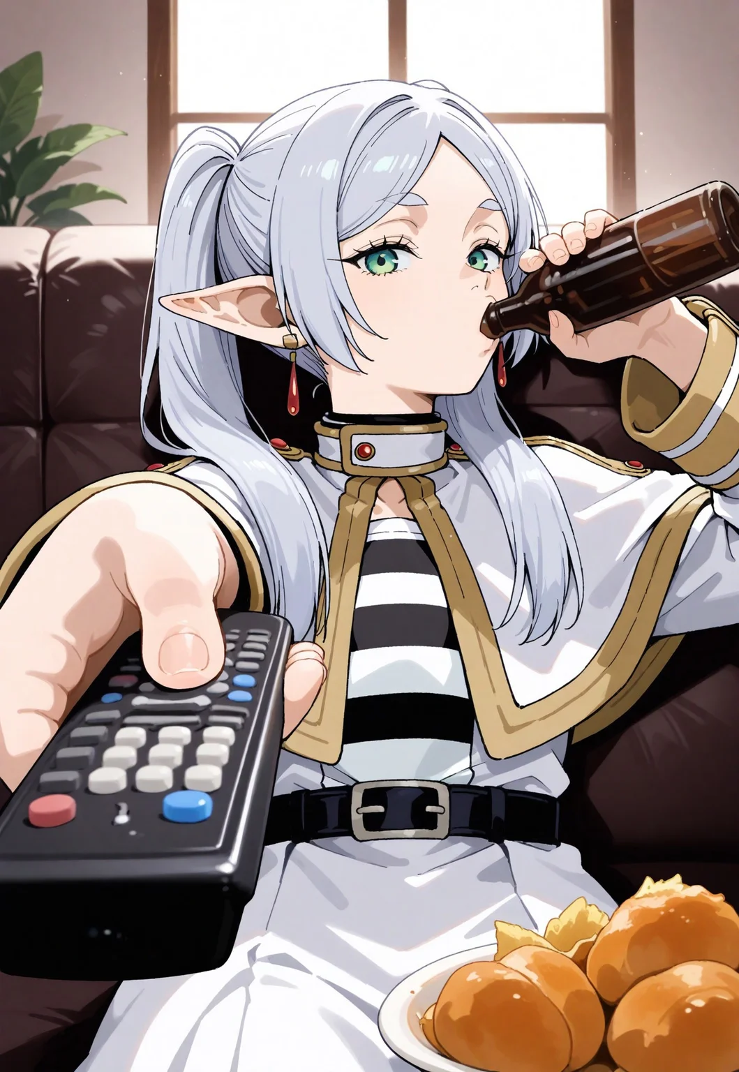 masterpiece, best quality, newest, highres, absurdres, 1girl, frieren, sitting, holding bottle, holding remote control, controller, on couch, drinking, looking at viewer, food