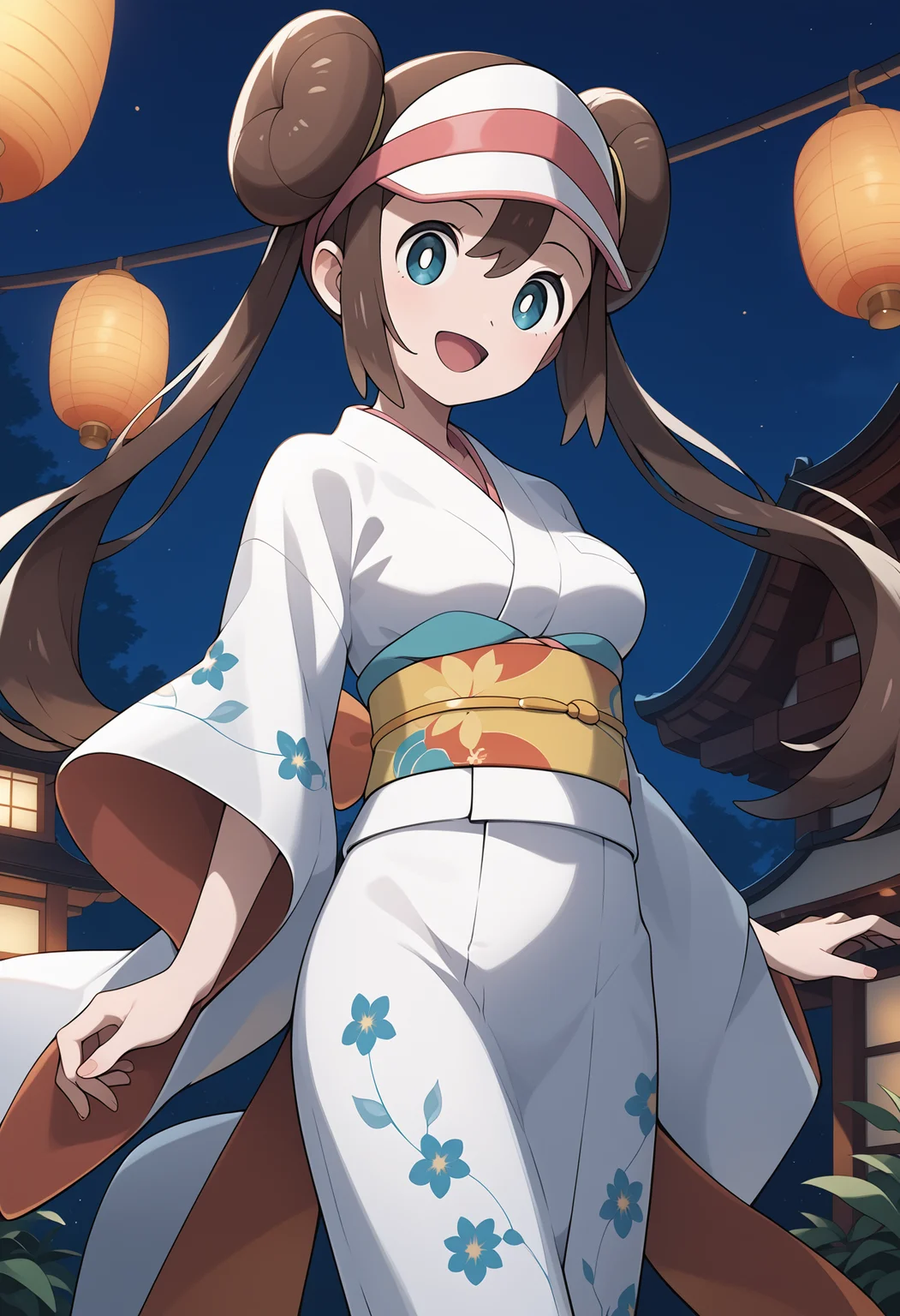 score_9, score_8_up, score_7_up, score_6_up, score_5_up, score_4_up, source_anime, aarosa, long hair, brown hair, double bun, twintails, visor cap, blue eyes, medium breasts, <lora:rosa_(pokemon)_ponyxl_v1:0.9>, kimono, yukata, floral print, obi, night, summer festival, smile, open mouth, standing, cowboy shot,