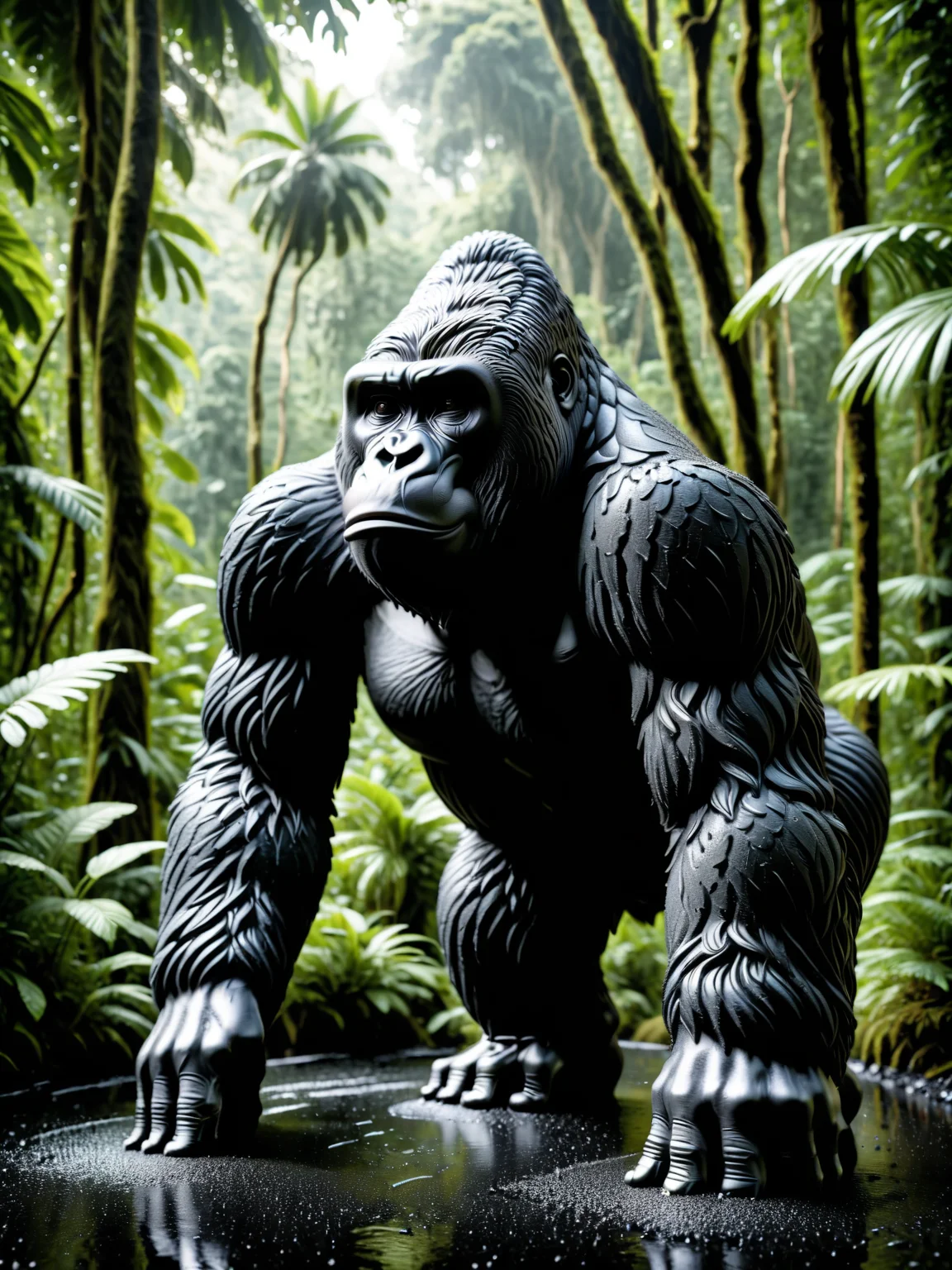 <lora:Fresh_Tarmac_SXDL:1> a gorilla made of black ais-tarmac, stood menacingly in the jungle