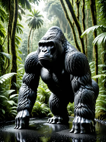 <lora:Fresh_Tarmac_SXDL:1> a gorilla made of black ais-tarmac, stood menacingly in the jungle