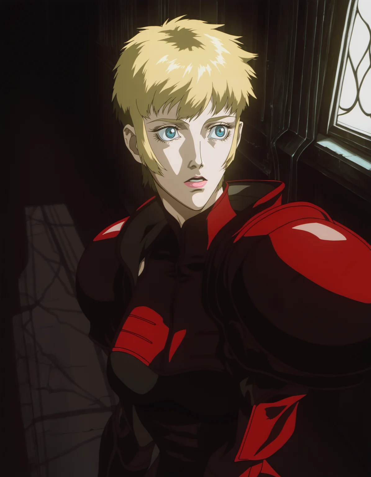 best quality, highres, absurdres, masterpiece, anime screenshot, dynamic, perspective, solo, 1girl, leila marcus \(vampire hunter d\) , shoulder armor, blue eyes, wide open eyes , eyelashes,medium breasts, pink lips, blonde hair, short hair,  head turned to the side, red armor, shadow, lighting, dark theme, indoors, church interior, 
<lora:Vampire Hunter D Illustrious 0.1-step00000720:0.75>