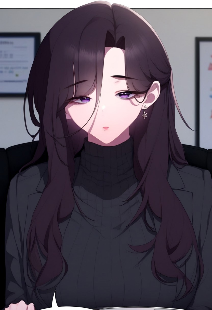 score_9, score_8_up, score_7_up, masterpiece, highly detailed, anime, 2d, source_anime, hwang_ji-ae_(office_menace_alert), long hair, brown hair, solo 1girl, breasts, long hair,  jewelry, suit, grey sweater, office lady, OL, looking at viewer, purple eyes, earrings, indoors, office, eyesHD, high definition eyes, half-closed eyes, eyebags