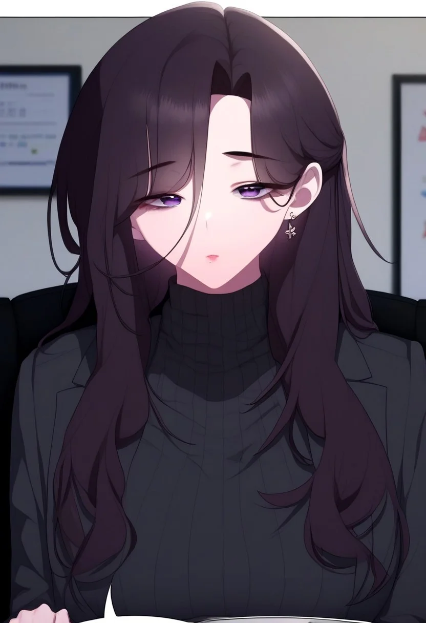 score_9, score_8_up, score_7_up, masterpiece, highly detailed, anime, 2d, source_anime, hwang_ji-ae_(office_menace_alert), long hair, brown hair, solo 1girl, breasts, long hair, jewelry, suit, grey sweater, office lady, OL, looking at viewer, purple eyes, earrings, indoors, office, eyesHD, high definition eyes, half-closed eyes, eyebags
