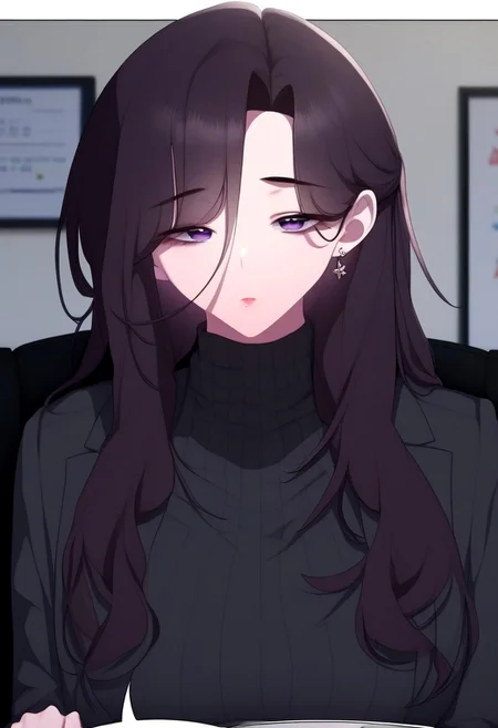 score_9, score_8_up, score_7_up, masterpiece, highly detailed, anime, 2d, source_anime, hwang_ji-ae_(office_menace_alert), long hair, brown hair, solo 1girl, breasts, long hair, jewelry, suit, grey sweater, office lady, OL, looking at viewer, purple eyes, earrings, indoors, office, eyesHD, high definition eyes, half-closed eyes, eyebags