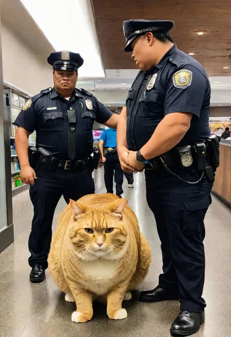 amateur cellphone photography, two laggard cops arresting ridiculously chubby enormous cat, f8.0, samsung galaxy, noise, jpeg artefacts, poor lighting, low light, underexposed,
