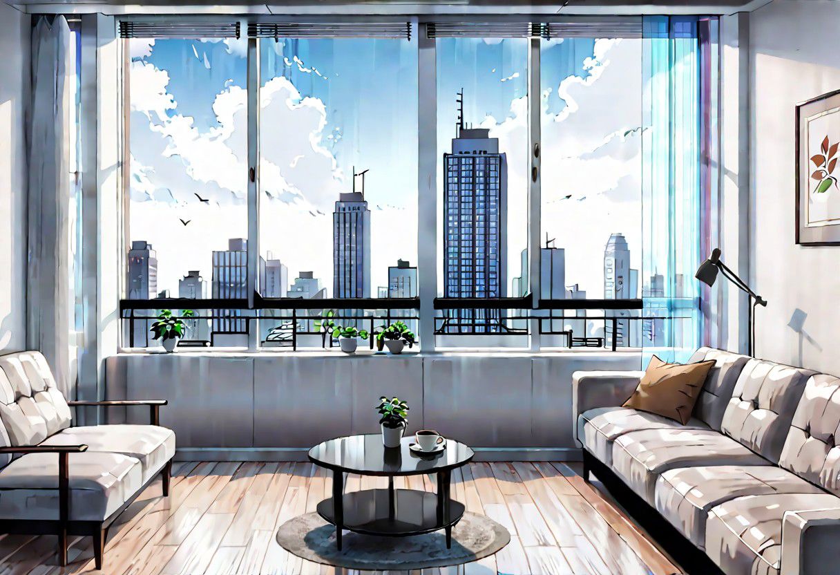 ((((front view)))), Shallow scene, ((animation style)), (((City high-rise building scenery))), ((((City scenery outside the window)))), (Facing the window), (open window), modern-style interior, Wooden floor, with white walls, (large windows), a living room, sofa and coffee table by the window sill,  (((Sofa placed horizontally))), (Behind the sofa is the window sill), noon, clear sky, low saturation