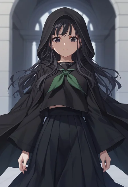 score_9, score_8_up, score_7_up, source_anime, 1girl, solo, byakuya rinne, black eyes, black serafuku, green neckerchief, black skirt, black robe, hood, cloak, veil