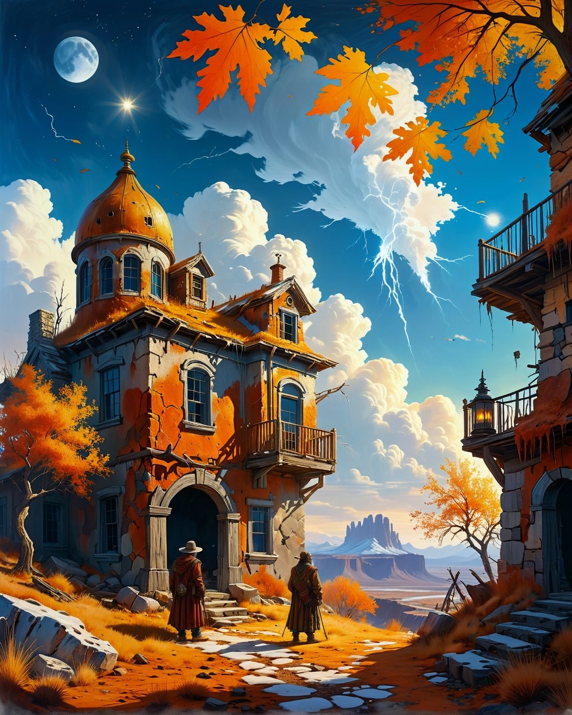 fantasy landscape, random character  in landcscape,
Autumn leaf-rot feeding blockchain compost in Petrified jazz club ruins with amber-encased patrons under Stratocumulus vesperalis colored by chemtrail palettes,
Heatwave Weather,
Moonlit midnight clarity,
Blue hour twilight with sodium vapor glow,
,
<lora:extremely_detailed:0.7> extremely detailed,
<lora:add-detail-xl:0.4>,
 <lora:dreamshaperXL10_lora:0.35>
<lora:Illustration_Insanity:0.7>,
<lora:tbh129-sdxl:0.3> style of Michael Cheval,
<lora:tbh330-sdxl:0.3> style of James C. Christensen,
 detailxl,
 advntr,