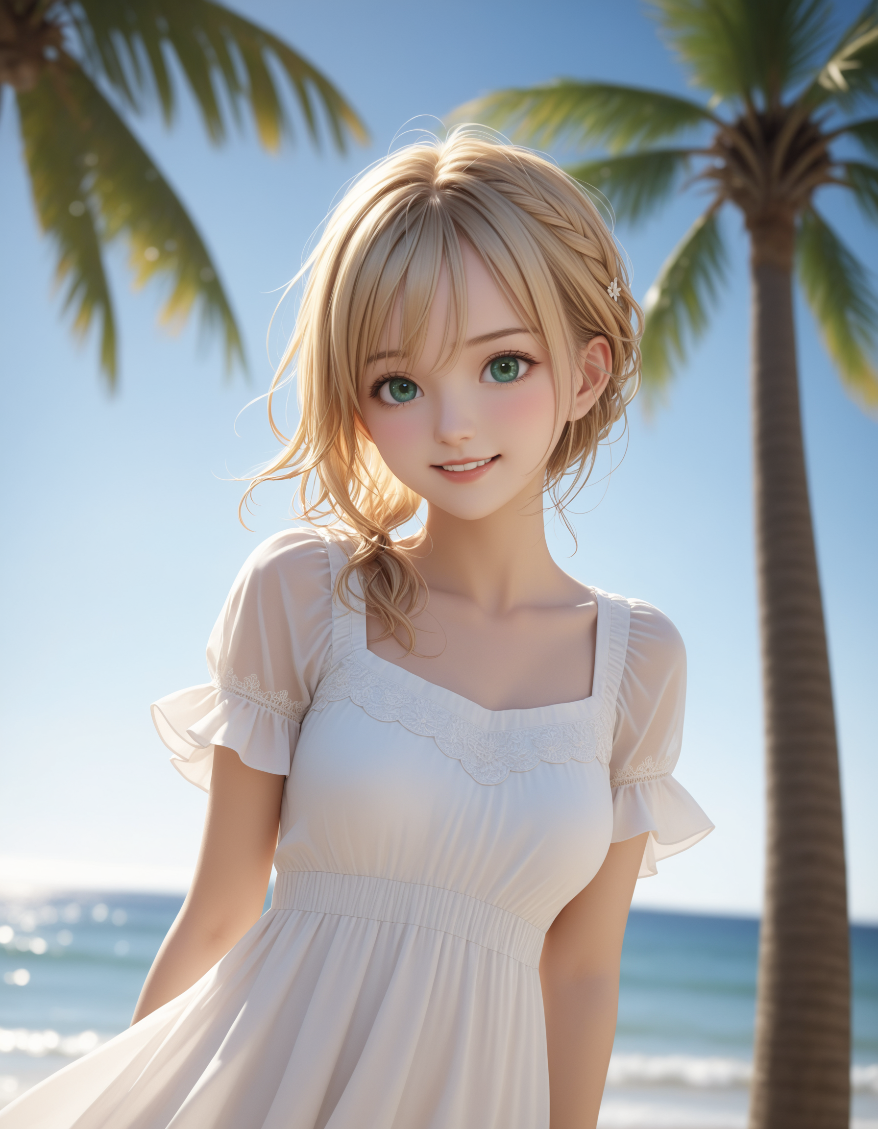 SceneDescription:
  - Composition: Upper body shot. Cinematic angle.
  - Subject: A cute girl. (Chibi:0.8).
    - Characteristics:
      - Face: (Cute round face:1.2).
      - Eyes: Detailed green eyes.
      - Hair: Medium hair, (side ponytail:1.1), blonde hair and hair between eyes.
      - Body: Detailed slender body. Medium breasts.
      - Clothing: White chiffon sundress and ruffled short sleeves.
        - Elements: Wet overflow. Wet hair. Wet body. Wet dress.
      - Expression: Amused expression. Open mouth.
      - Posing: (Dynamic pose:1.2). Looking at viewer.
  - Background: Fashionable beach.
    - Elements: Palm tree. Blue sky. Clear sky.
Time: Daytime.
Season: Summer.
Lighting: (Sunbeam:1.4).
ArtStyle: Photorealistic. Cute style.
Quality: Intricate details. Extremely detailed. Outstanding intricacies. (Masterpiece:1.2). (Best quality:1.2). (Absurdres absolutely resolution:1.4).
Mood: Serene atmosphere.