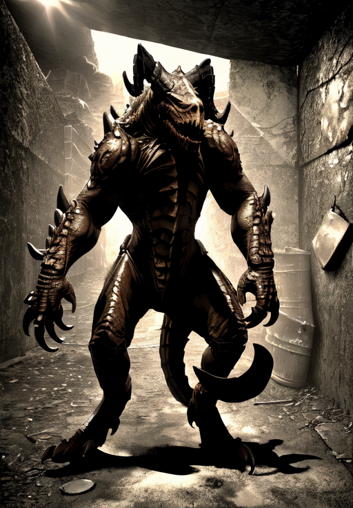 <lora:Deathclaw:0.8>, deathclaw, horror \(theme\),, (masterpiece, best quality, absurdres, detailed, ultra-detailed:1.3)