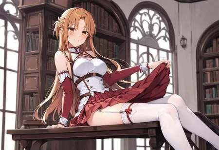 asuna_\(sao\), long_hair, skirt, red_skirt, detached_sleeves,  windmill, white_thighhighs, brown_hair,  brown_eyes, breastplate, solo, pleated_skirt, miniskirt, white_belt, garter straps, girl sitting on the table, (skirt lift),  full body view, Victorian era library study complete with bookshelves full of books, beautiful window, dark wooden floorboards, depth of field, seductive smile, light blush, masterpiece, best quality, wallpaper, extreme detail
