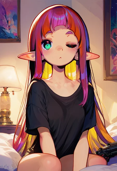 ((masterpiece,best quality)), absurdres, BREAK, score_9, score_8_up, score_7_up, score_6_up, 8k, hires,1girl, beautiful girl, kawaii girl, cute face, looking at viewer, pose, hot, bedroom, on bed, lamp, pillows, stuffed animals, gun, revolver,, high contrast, dramatic shadows, highly detailed, detailed skin, depth of field, walking away, shadows, messy bangs, black t-shirt, emo, skull tshirt,  black shirt, black clothes, very long hair, red hair, messy hair, no pants, aqua eyes, goth, small breasts, young, petite, elf,  waking up, hand rubbing eyes, long ears, , <lora:add-detail-xl:3>