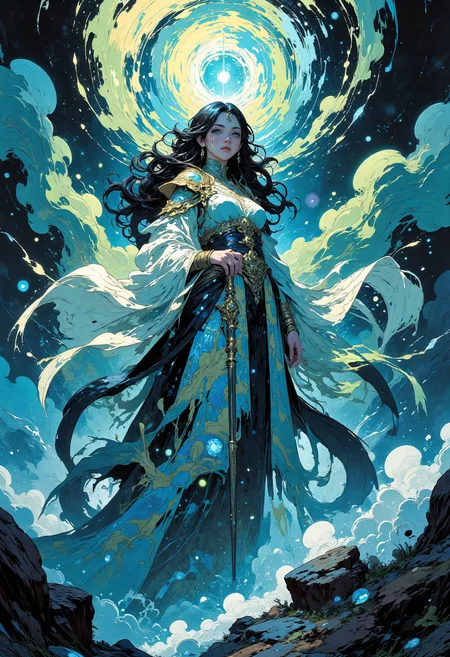 (in Otomo Katsuhiro style:1.2), masterpiece, high-quality, A regal sorceress, viewed from a dramatic low-angle shot as if seen from the ground, her flowing opalescent robes billowing like waves, Her face is set in a serene but commanding expression, her piercing gaze fixed on the horizon as swirling patterns of light form above her staff, opalescent flow, commanding serenity, low-angle majesty, (Stylized in Disney-inspired elegance with soft painterly shading:1.1), (elaborate fine details:1.1), (hyperdetailed:1.1), (intricate details:1.0), (Refined details:1.1), (best quality:1.1), (high resolution:1.2), <lora:FLUX\VividlySurrealV2:0.6> <lora:FLUX\Poisoncore Flux:0.5> <lora:FLUX\Anime v1.3:0.6> <lora:FLUX\epic_vista:0.5>