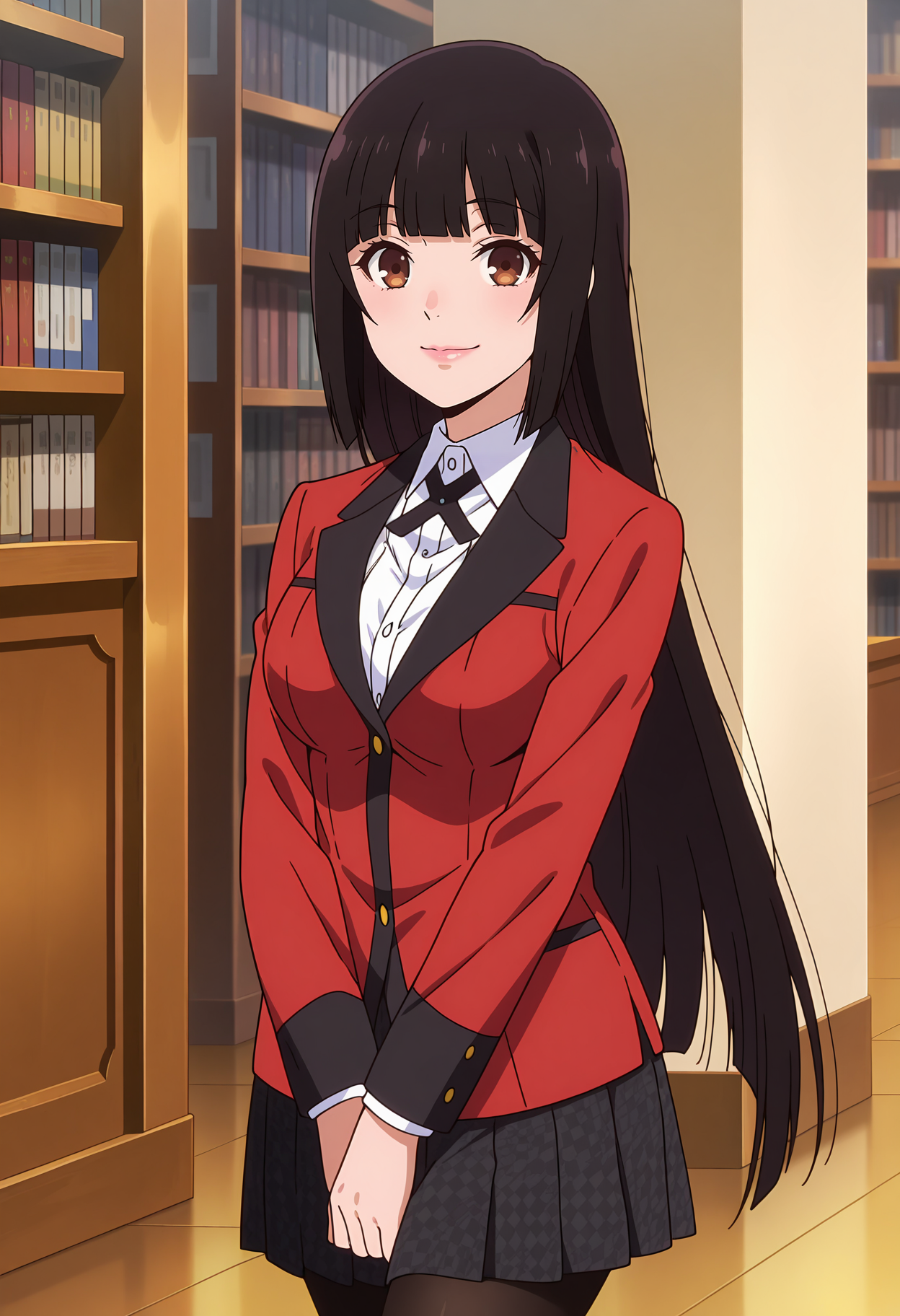 anime screencap, masterpiece, best quality,
<lora:Kakegurui_JabamiYumeko_IlluXL:0.9>,
1girl, solo, closed mouth, smile,
hime cut, black hair, long hair, blunt bangs, brown eyes, pink lips,
black cross tie, collared shirt, white shirt, red jacket, checkered skirt, pleated skirt, black skirt, black pantyhose,
walking, looking at viewer, cowboy shot, v arms,
indoors, bookshelf