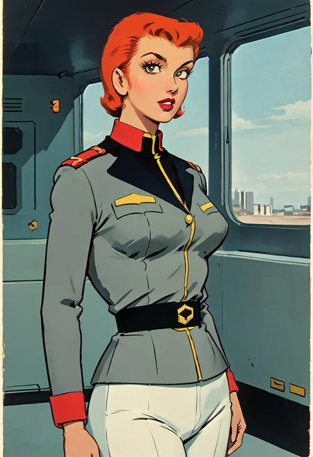 solo, looking at viewer, looking at me, spaceship interior, window, beach landscape, indoors, decarloxl, retro colors, 60s, 1girl, solo, FGMatildaAdjan, brown eyes, short hair, hair slicked back, orange hair, lipstick, breasts, military uniform, grey jacket, belt, white pants,