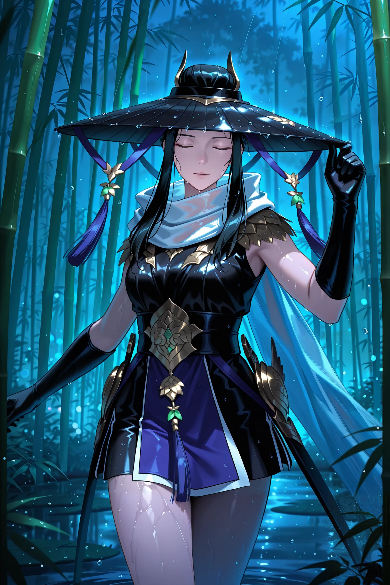 Masterpiece, best quality, ultra-detailed, high resolution, absurdres, cinematic, dynamic pose,  
1girl, fannyskylark, black hair, sidelocks,  kasa hat, elbow gloves, dress, scarf, scabbard,  
standing in a bamboo forest, gentle rain falling, wet clothes slightly clinging to body, closed eyes, serene expression, soft raindrops on skin,( hand touching hat), mist rising from ground, water droplets on bamboo leaves, melancholic yet peaceful mood, cinematic lighting, cool color palette, soft bokeh, ethereal glow , night,cowboy shot
