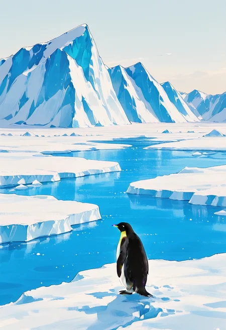 no humans, water, iceberg, penguin,
BREAK
best quality, masterpiece, very aesthetic, absurdres, highest detailed, very awa, detailed background, <lora:Ink_wash_painting_style_v2.0:0.8>