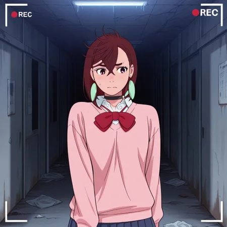 Score 9, Score 8, Score 7, Masterpiece, Superior Quality, Amazing Quality, Masterpiece, Maximum Quality, Ultra-detailed, Alone, White Frame, Maximum Contrast, Saturated Color, Bright Colors, Dynamic Lighting, alone, 20 years old, female body,
ayase_momo,
ayasemomo, hair between eyes, crossed bangs, green earrings, brown hair, red eyes, black choker, short hair, white shirt, red bowtie,pleated skirt,school uniform, pink cardigan, long sleeves,
recording video, in an abandoned hospital, at night, nervous