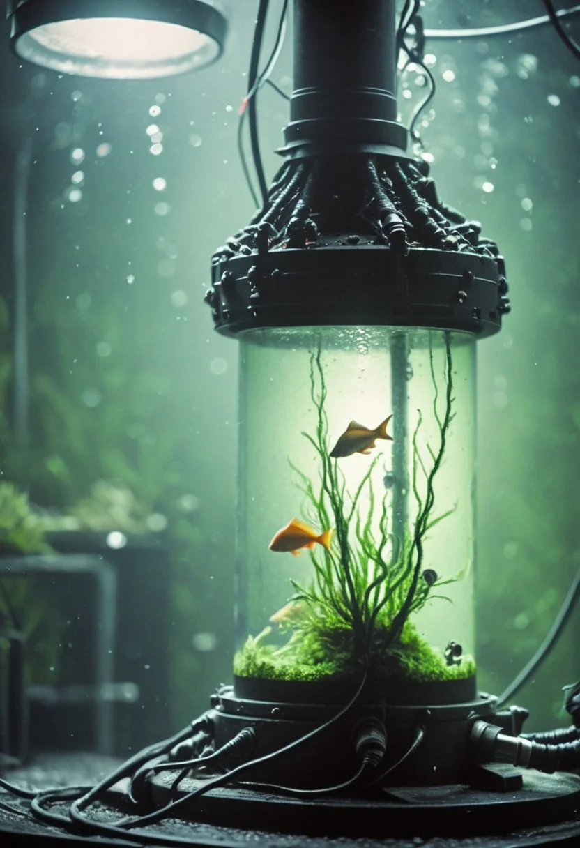 stasis tank with fishes and algae, backlight, a dark eerie laboratory background, cables, bubbles, cyberpunk, closeup portrait, atmospheric haze, Film grain, cinematic film still, shallow depth of field, highly detailed, high budget, cinemascope, moody, epic, OverallDetail, gorgeous, 2000s vintage RAW photo, photorealistic, candid camera, color graded cinematic, eye catchlights, atmospheric lighting, skin pores, imperfections, natural, shallow dof, deep blacks, high monochrome contrast,