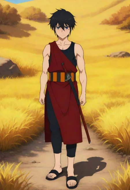 Anime, male focus, 1male, solo male only, one character only, Hatz, black hair, black-gray eyes, mole under one eye, black tank top, ((long red Japanese garb)), striped obi, black cropped pants, black sandals, full body shot, toned body, ((Wheatfield, yellow wheats)), sheated katanas, two katanas only, front view, looking at viewer