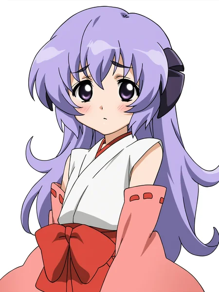 higurashikira, anime screencap, anime coloring, 1girl, hanyuu, solo, horns, purple eyes, purple hair, long hair, ((simple background, white background)), japanese clothes, miko, skirt, hakama, hakama skirt, red detached sleeves, red hakama, blush, looking at viewer, upper body, 
(masterpiece, best quality, absurdres, highres, newest:1.2), very awa, 
