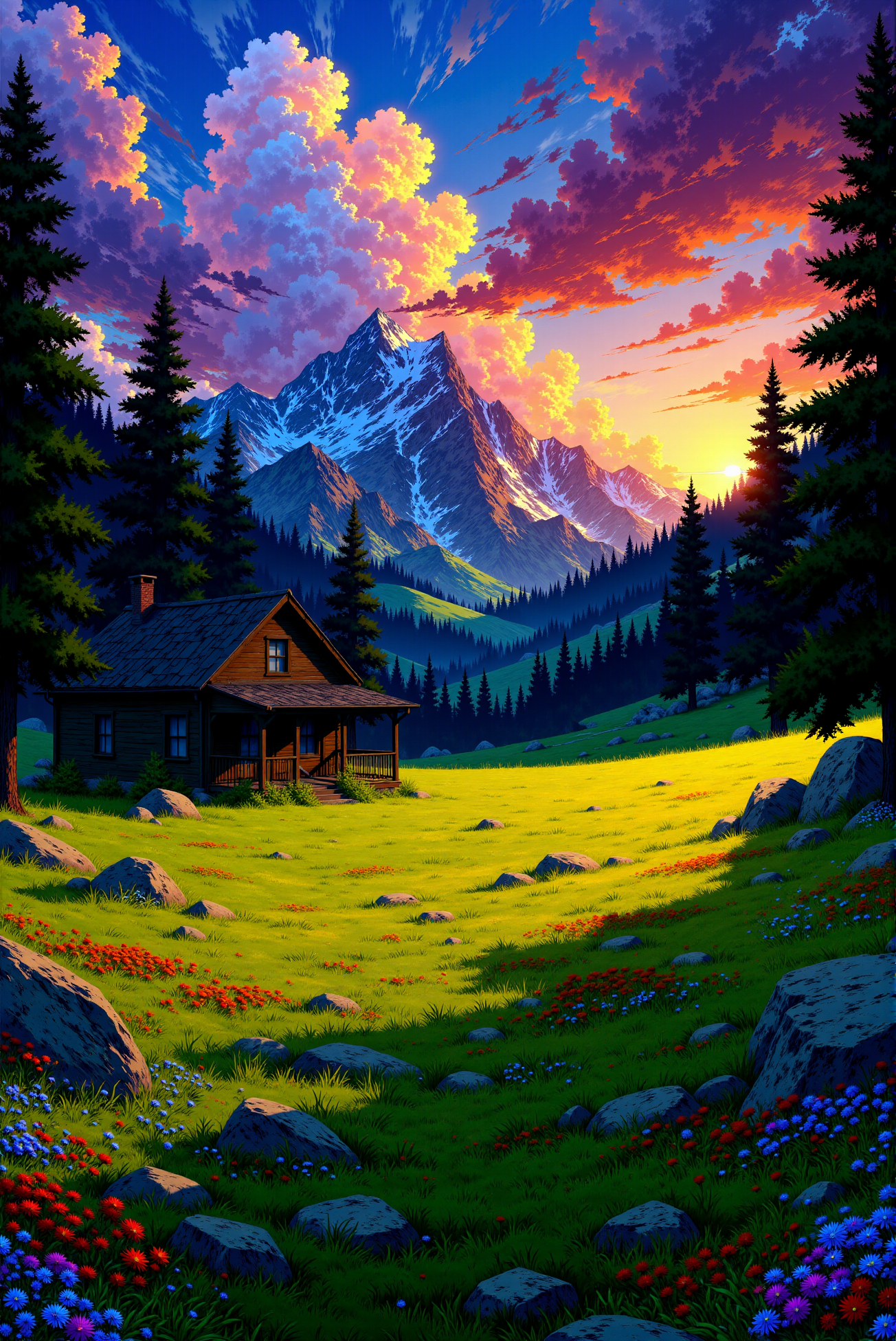 <lora:Anime_Sky:1.0> AnimeSky style. The image is a vibrant, detailed digital illustration in a style reminiscent of a highly detailed, colorful, and slightly stylized digital painting. The scene depicts a picturesque alpine landscape during sunset or sunrise, characterized by a rich, dynamic color palette. The sky is ablaze with hues of orange, pink, and purple, blending into a deeper blue, with fluffy, stylized clouds. In the foreground, a lush, verdant meadow filled with colorful wildflowers (including red, blue, and purple) stretches out. The foreground is speckled with large, irregularly shaped rocks. A rustic cabin, weathered and made of wooden planks, stands on the left side of the meadow. The cabin features a small porch and windows, hinting at a cozy, lived-in feel. The middle ground is dominated by a dense forest of dark green evergreen trees, creating a dense, lush canopy.