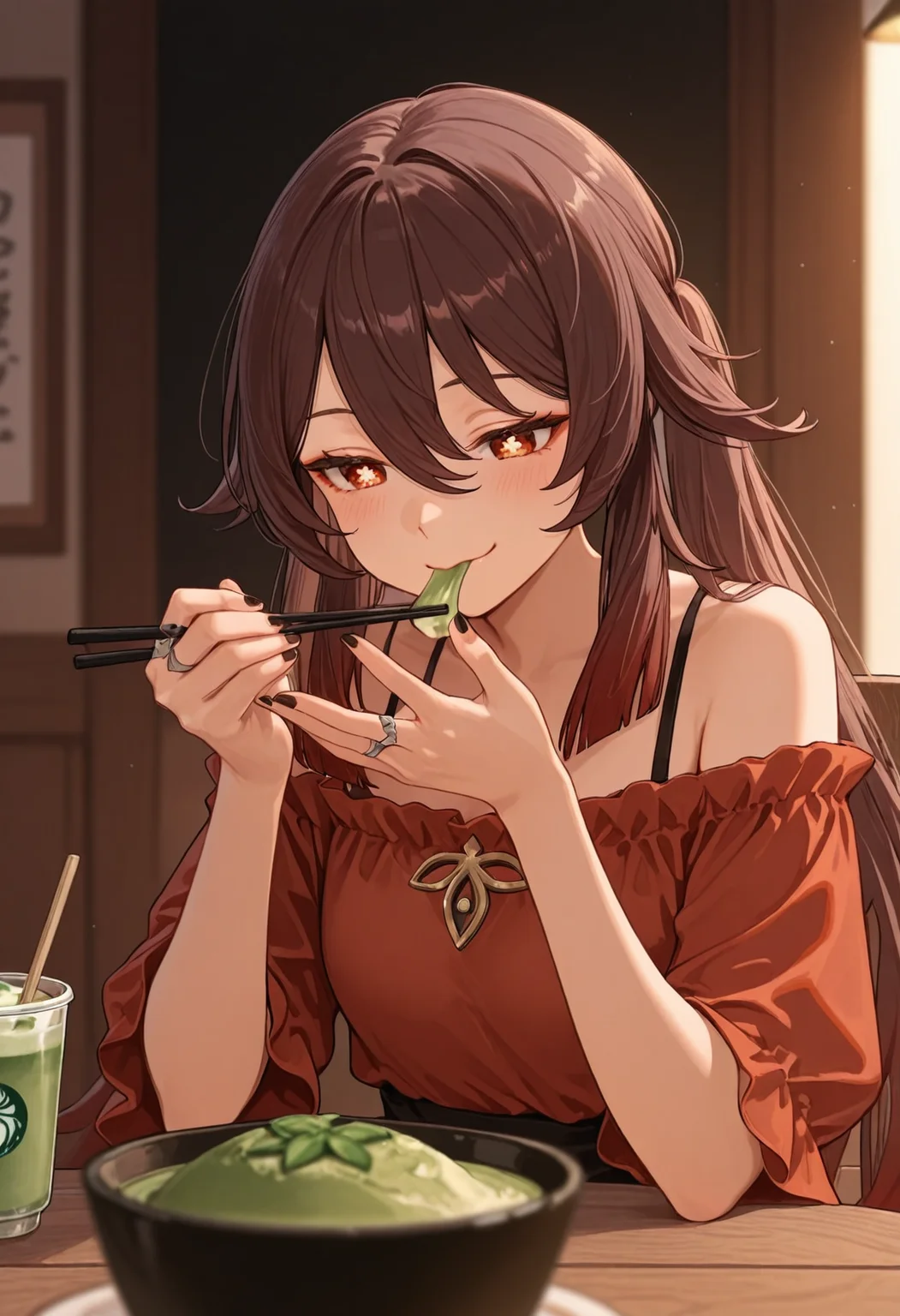 masterpiece, best quality, volumetric lighting, dramatic lighting, depth of field, sharp focus, semi realistic, realistic shading, warm natural lighting, (emphasize body curves:1.2), (mature female:1.2), (detailed face and eyes:1.2), (proper anatomy:1.3), natural interaction, (highlighted skin gloss:1.1),
BREAK
1girl, hu tao \(genshin impact\), sitting at table, eating lunch, casual cafe, off-shoulder top, brown hair, looking down at food, chopsticks in hand, matcha latte on table, relaxed, cheeks slightly puffed, indoor cafe setting, wooden table, seductive smile,
<lora:illustrious_quality_modifiers_masterpieces_v1:0.6> <lora:MGE_V5.2_IL:0.7> <lora:ppw_v7_Illuv1.0_1_r2:0.4> <lora:USNR_STYLE_ILL_V1_lokr3:0.5>