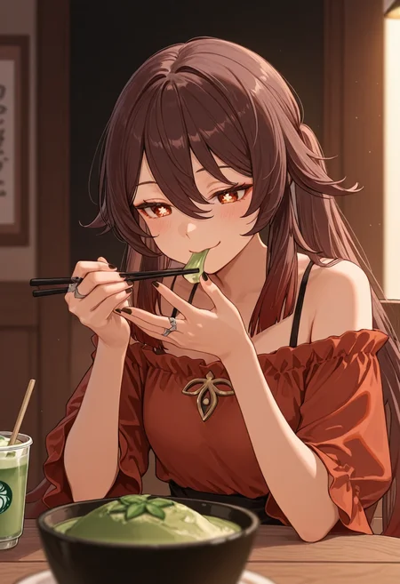 masterpiece, best quality, volumetric lighting, dramatic lighting, depth of field, sharp focus, semi realistic, realistic shading, warm natural lighting, (emphasize body curves:1.2), (mature female:1.2), (detailed face and eyes:1.2), (proper anatomy:1.3), natural interaction, (highlighted skin gloss:1.1),
BREAK
1girl, hu tao \(genshin impact\), sitting at table, eating lunch, casual cafe, off-shoulder top, brown hair, looking down at food, chopsticks in hand, matcha latte on table, relaxed, cheeks slightly puffed, indoor cafe setting, wooden table, seductive smile,
<lora:illustrious_quality_modifiers_masterpieces_v1:0.6> <lora:MGE_V5.2_IL:0.7> <lora:ppw_v7_Illuv1.0_1_r2:0.4> <lora:USNR_STYLE_ILL_V1_lokr3:0.5>