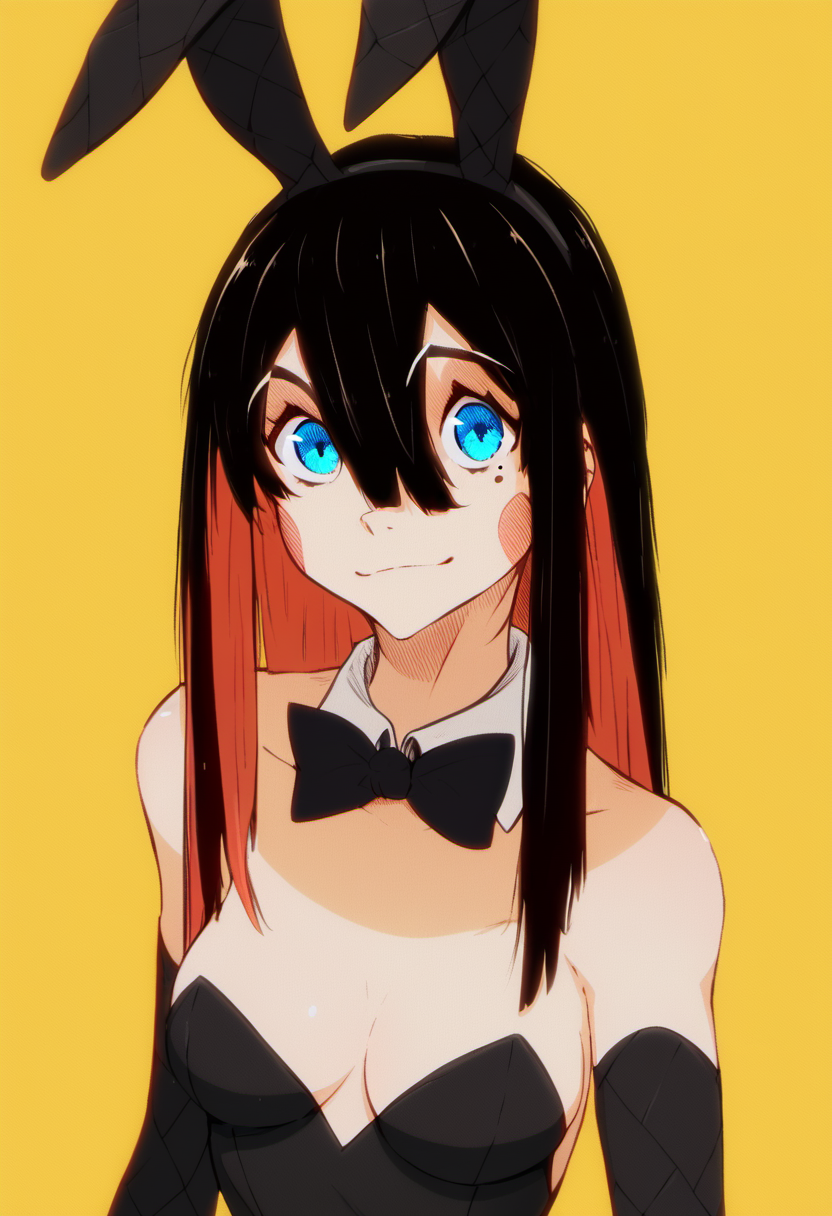 score_9, score_8_up, score_7_up, score_6_up, score_5_up, score_4_up, <lora:Chloe_srgrafo_for_PonyXL:0.8>, chloe (srgrafo), 1girl, breasts, rabbit ears, animal ears, long hair, cleavage, medium breasts, hair between eyes, multicolored hair, looking at viewer, smile, bare shoulders, dress, two-tone hair, gloves, elbow gloves, yellow background, solo, mole, closed mouth, black gloves, playboy bunny, upper body