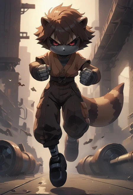 score_9, score_8_up, score_7_up, (best quality:1.1), ultra-detailed, high resolution, 8K, ((tall, 6ft tall, no mouth)), Metal Raccoon, robot, brown beige metal skin, black sclera, red pupils, pointy metal nose, gray claws, green core, black shoes, fist, battle stance, arms at sides, floating, factory, fluffy raccoon tail, BREAK outside, Rich, Detailed background, ambient light