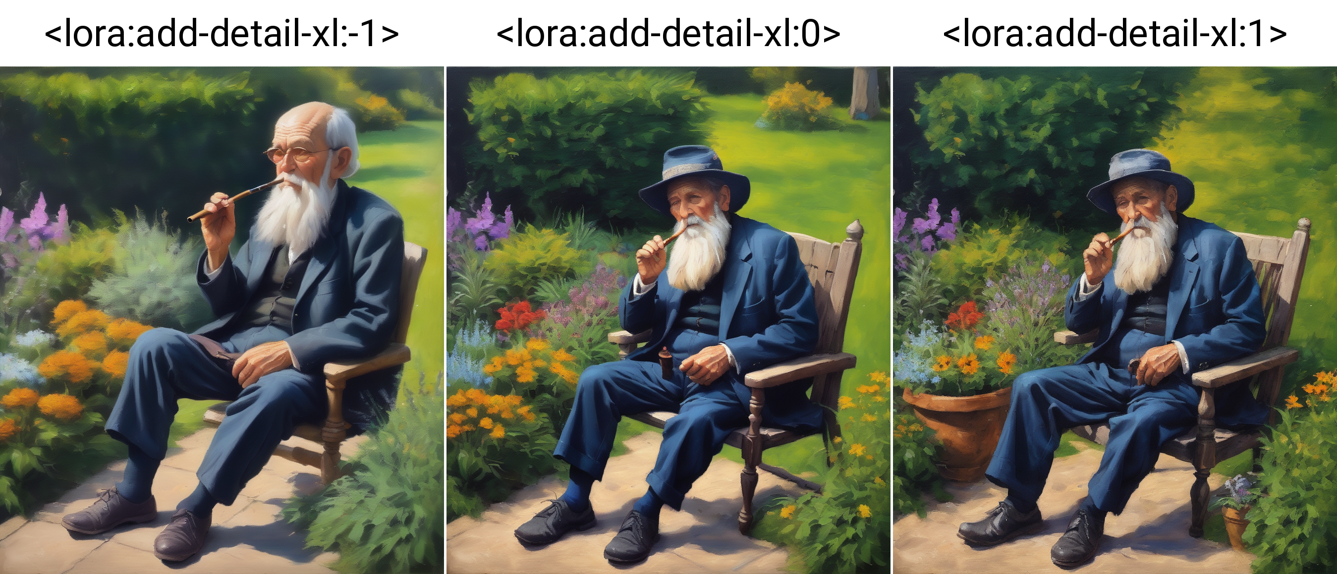 old man, long beard, smoking pipe, oil painting, sitting in garden, <lora:add-detail-xl:-1>