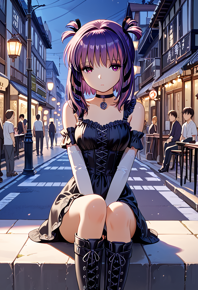 score_9,score_8_up,score_7_up,source_anime, high quality detailed, very aesthetic, 8K, 16K, high quality, best quality, detailed eyes, hand, beautiful hands, prefect hands, perfect anatomy, skin highlights, (1girl, looking away from viewer), Miho, sidelocks, purple hair, hair ribbons <lora:Miho_Tohya__Megatokyo:1>miho, choker, elbow gloves, fingerless gloves, gloves, greyscale, goth boots, sad expression, distant expression, sitting on street light , city, night, Japanese city, in sketchbook, colored marker style,