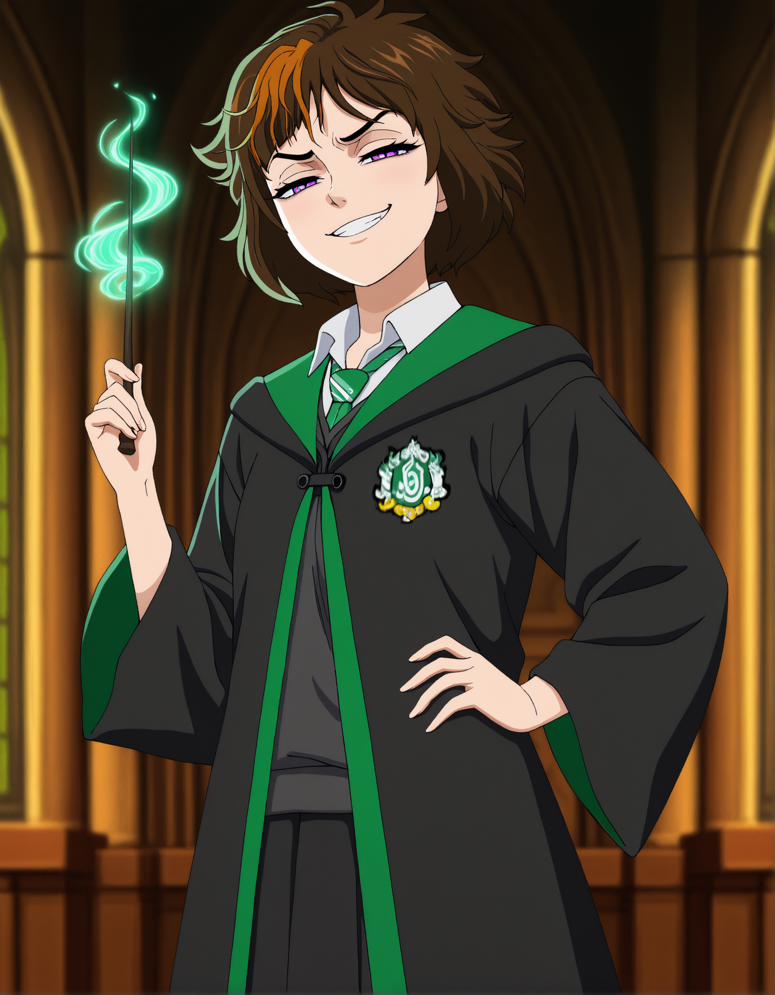 1girl, merula, anime screencap, (realistic:0.3), short hair, brown hair, purple eyes, hogwarts school uniform, holding wand, magic, hand on own hip, looking at viewer, half-closed eyes, smug, grin, blurry background, indoors, highly detailed, masterpiece, best quality, amazing quality, very aesthetic, absurdres
