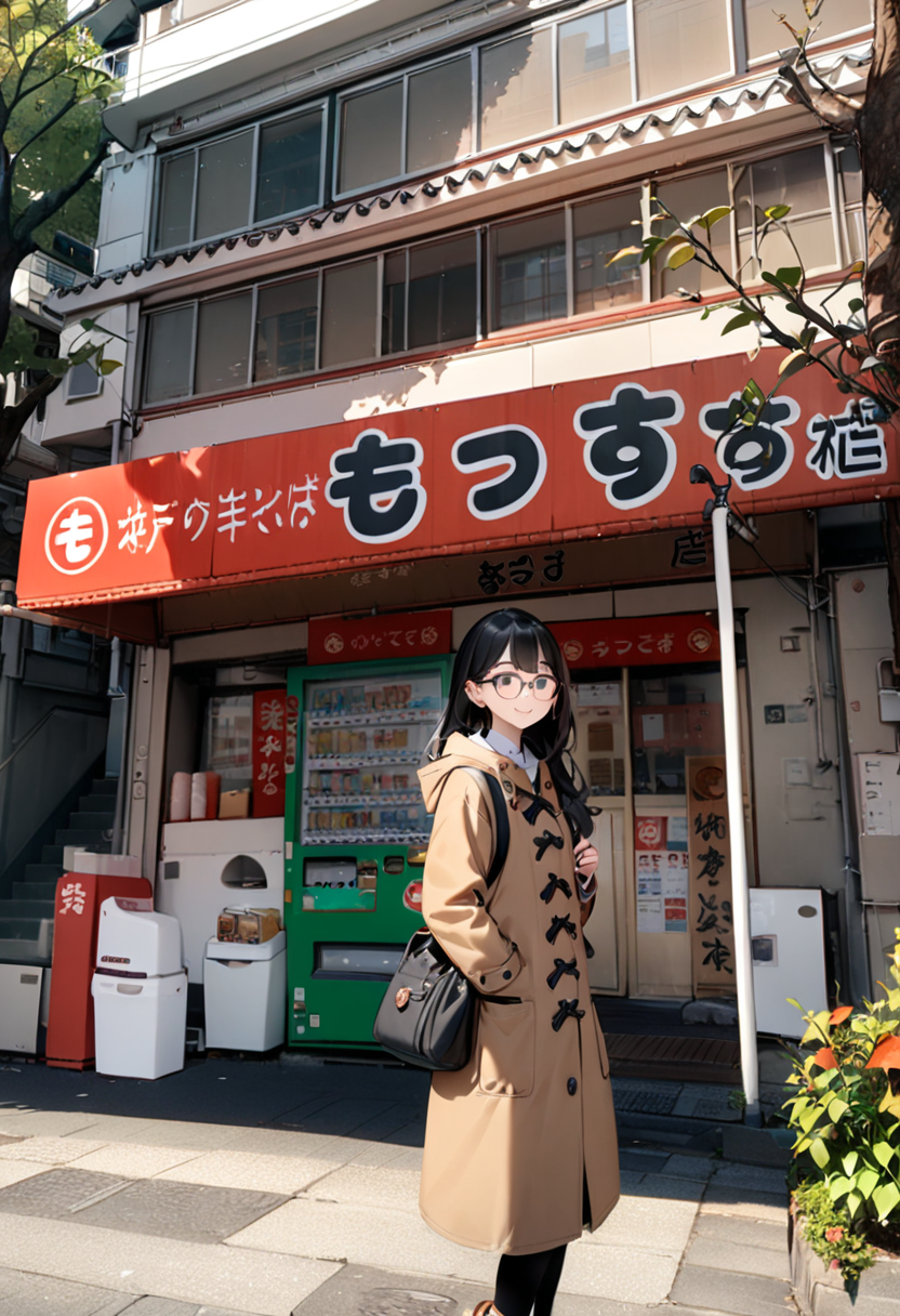 masterpiece, best quality, very aesthetic, absurdres,
1girl, solo, glasses, black hair, long hair, duffle coat, black bag, smile, looking at viewer, solo focus,
moccos, scenery, storefront, japan, tree, scenery, outdoors, building, sign, vending machine, real world location, window, road, shop, plant
<lora:moccos_ramen_JAPAN_storefront_SDXL_V2:0.8>