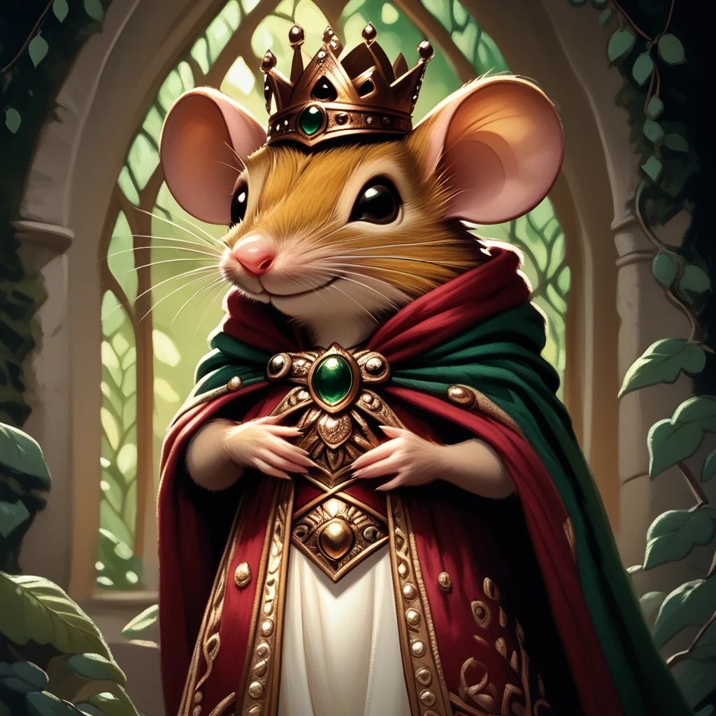 core_9, score_8_up, score_7_up, <lora:MazesMicePony:1> MazesAndMice, The image is a digital illustration of a mouse wearing a crown and a green cloak. The mouse is standing in front of a window with a view of trees and foliage in the background. The cloak is made of gold and red fabric with intricate patterns and designs. It has a gold chain around the neck and sleeves and the mouse is holding a gold brooch in its paws. The background is a dark green color with a hint of yellow giving the impression of a forest or forest-like setting. The overall mood of the image is regal and majestic., solo, cape, mouse, crown, mouse ears, furry, animal, smile, jewelry, no humans