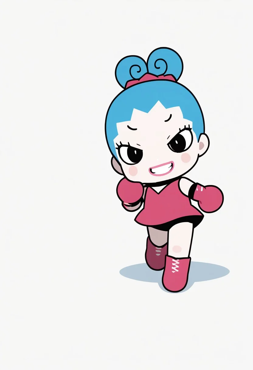 score_9, score_8_up, score_7_up BREAK RingRingP, 1girl, light blue hair, pink scrunchie, pale skin, black eyes, pink circle blush, pink lipstick, sleeveless v-neck pink dress, pink gloves, white-laced pink boots, evil smile, full body, cute pose, evil grin, anime, source_anime,