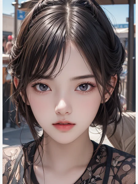 1girl, (masterpiece, best quality), RAW photo, 16k wallpaper, extremely detailed CG, amazing, ultra detailed, hyperrealistic, official art, High quality texture, incredibly absurdres, highres, 18 years old, cute girl, beautiful face, detailed large black eyes,random background,outdoors,full body, ((random expressions)),