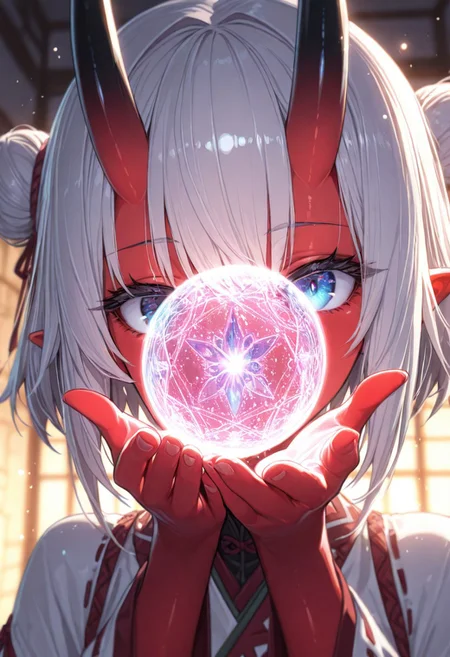 masterpiece, best quality,high quality, newest, highres,8K,HDR,absurdres,4ur4_illu,shiny, <lora:Aura_illu:1>,4ur4_illu, 1girl, depth of field, 
BREAK
(EyesHD:1.2), (4k,8k,Ultra HD), masterpiece, best quality, ultra-detailed, very aesthetic, sharp focus, depth of field, ray tracing, best lighting, detailed illustration, detailed background, cinematic, glowing particles, shinny, glitter, beautiful face, beautiful eyes, 
BREAK
ambient occlusion, raytracing, soft lighting, blum effect, masterpiece, absolutely eye-catching, particles, glow, shining, intricate cinematic background, 
BREAK
masterpiece, amazing quality, best quality, ultra-detailed, 8K, illustrating, CG, clear skin, ultra-detailed-eyes, detailed background, cute girl, eyelashes
BREAK
Aka-Oni, oni, colored skin, (red skin:1.3), smooth horns, black horns