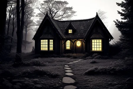 (((deep night))), black & white, (((darkness))), moon light, house, (((realistic))), (masterpiece), ((photography)), mistical night, fear, <lora:Magical_Forest_Home_v2:0.1>, Magical_Forest_Home, FanLan, <lora:FantasyLandscape-10:0.7>, forest, fog, woods, grass, ((house)), <lora:EdobGraveyardEngland_v1.0:0.2>, faceless, headless, bokeh