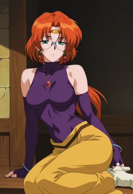 masterpiece, best quality, amazing quality, absurdres, anime coloring, retro artstyle, 1990s (style), 1girl, solo, ailaww, mature female, green eyes, orange hair, long hair, low ponytail, glasses, rimless eyewear, medium breasts, circlet, purple turtleneck shirt, sleeveless, covered collarbone, bare shoulders, purple elbow gloves, fingerless gloves, long sleeves, covered navel, yellow long skirt, white boots, high heels, jewelry, earrings, necklace, bracelet, <lora:Aila_Mahou_Senshi_Louie_ill:0.9>, sitting, legs together, narrowed eyes, expressionless, looking at viewer, skindentation, detailed clothing folds, depth of field, sharp, high contrast, dynamic light