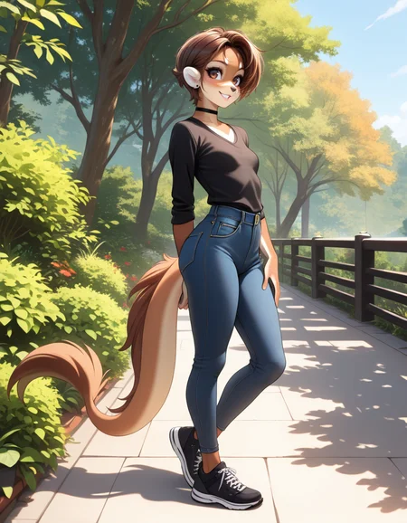 masterpiece, best quality, very aesthetic, absurdres,
outdoors, casual,
full body, posing,
smile, parted lips, long eyelashes,
<lora:Mikhaila_v01_NAIXL:1>
M1k4a11a,1girl,solo,furry,furry female,short hair,brown hair,brown eyes,animal nose,choker,body fur,brown fur, tail,