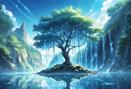 (masterpiece), best quality, Symphtia-Style, Anime, Illustration, (One Tree, Crystal, Reflection), Detailed Background, No Humans, (Light Refraction), Symphtia-Style, Zyrnox-Exoterra Style, Natural Lighting, Waterfall, Water