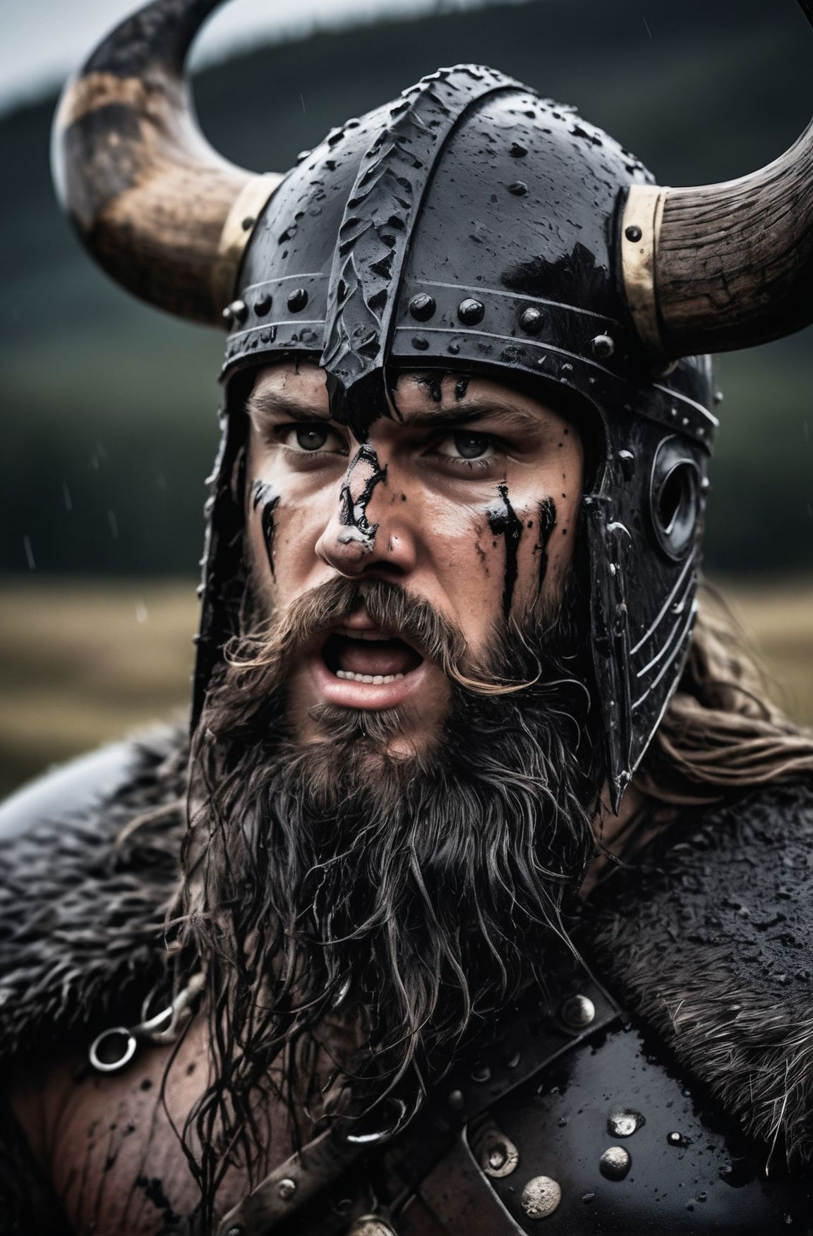 A close-up shot of a fierce Viking King, covered in dripping wet black mud, wearing a dark metal helmet with imposing black horns. His dark warpaint and scruffy black beard emphasize his angry expression, while a scar on his face tells a story of battles fought. The scene is bathed in cinematic lighting with dramatic volumetric rays, creating a moody and intense atmosphere. The Viking King grips his menacing Viking Axe